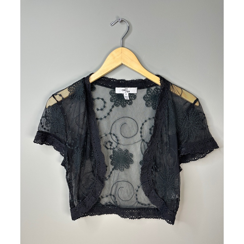 One 7 Six Embroidered Lace Bolero Shrug Womens M Black Sheer Mesh Open Front